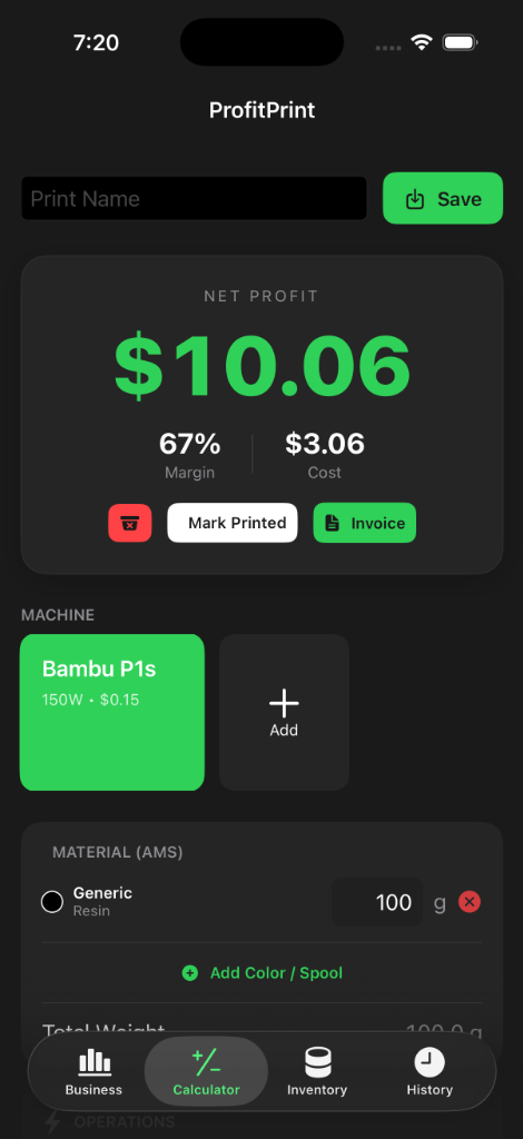 ProfitPrint Calculator Screen